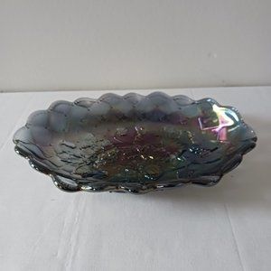 Imperial Glass Pickle Relish Dish Quilted Pansy Smoke Blue Iridescent Carnival